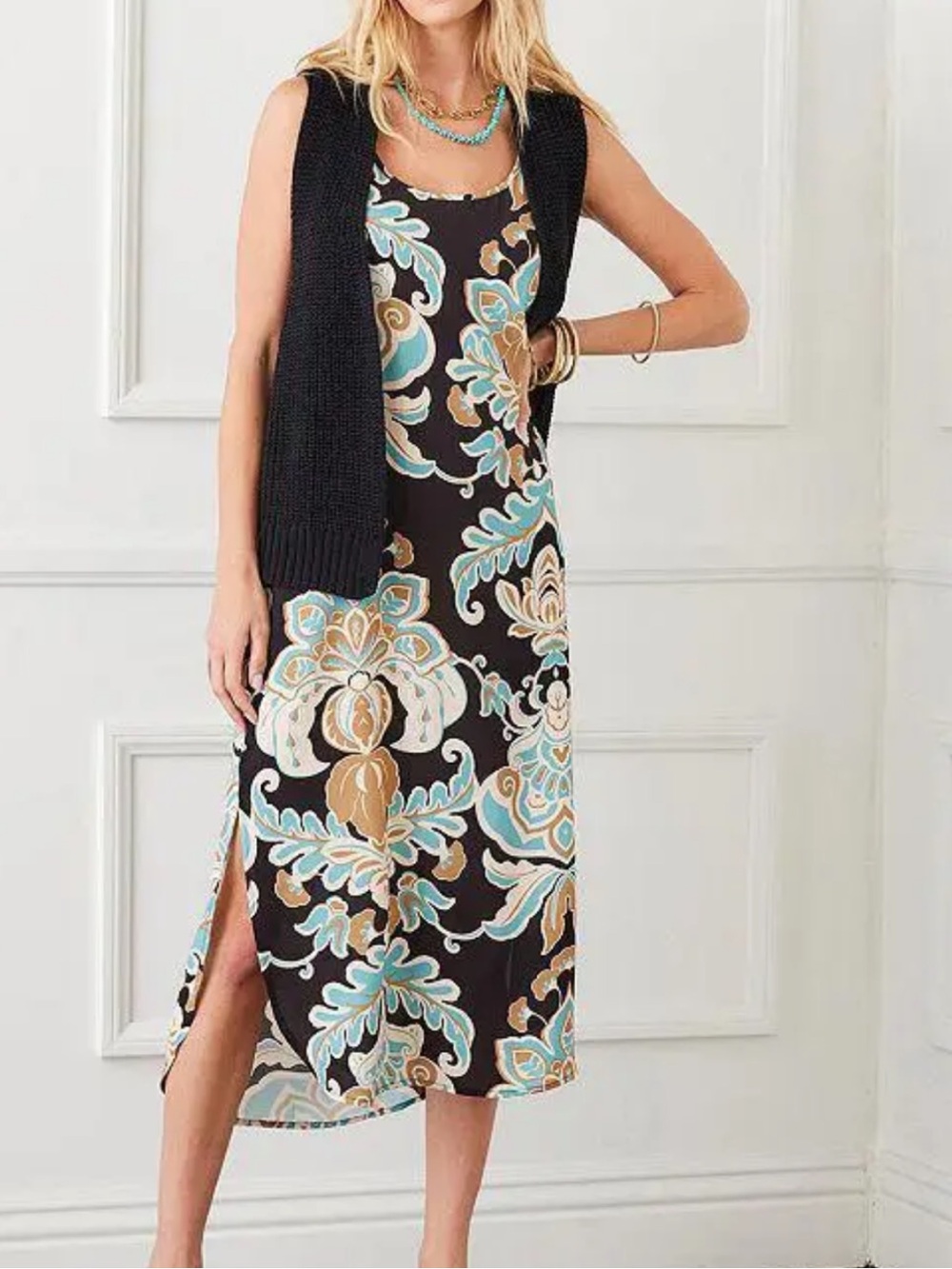 NWT Karen Kane Damask Floral Print Side Slit Tank Dress Size XL